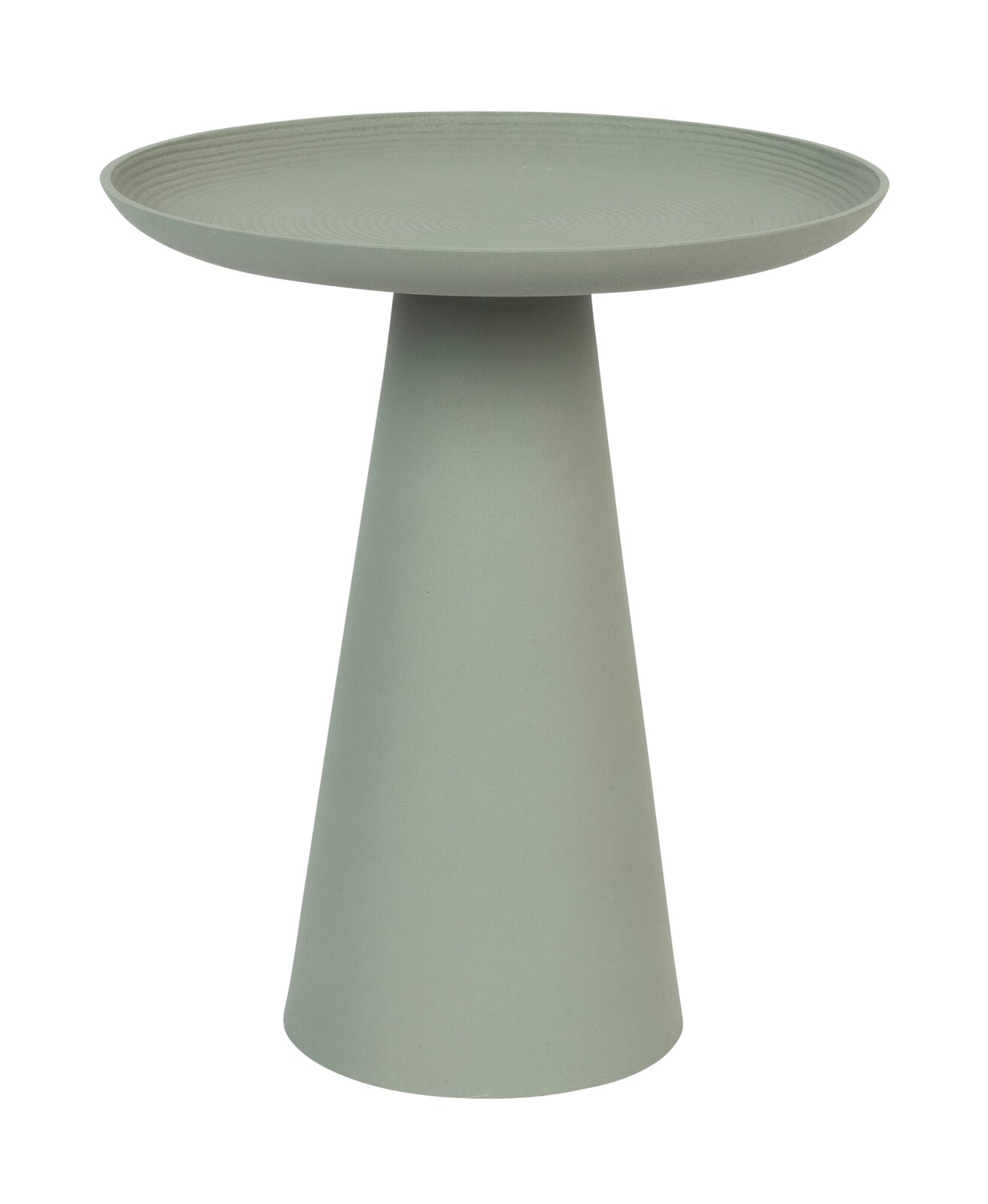 Moderner, grüner Beistelltisch mit konischer Basis und runder Tischplatte, seitliche Perspektive