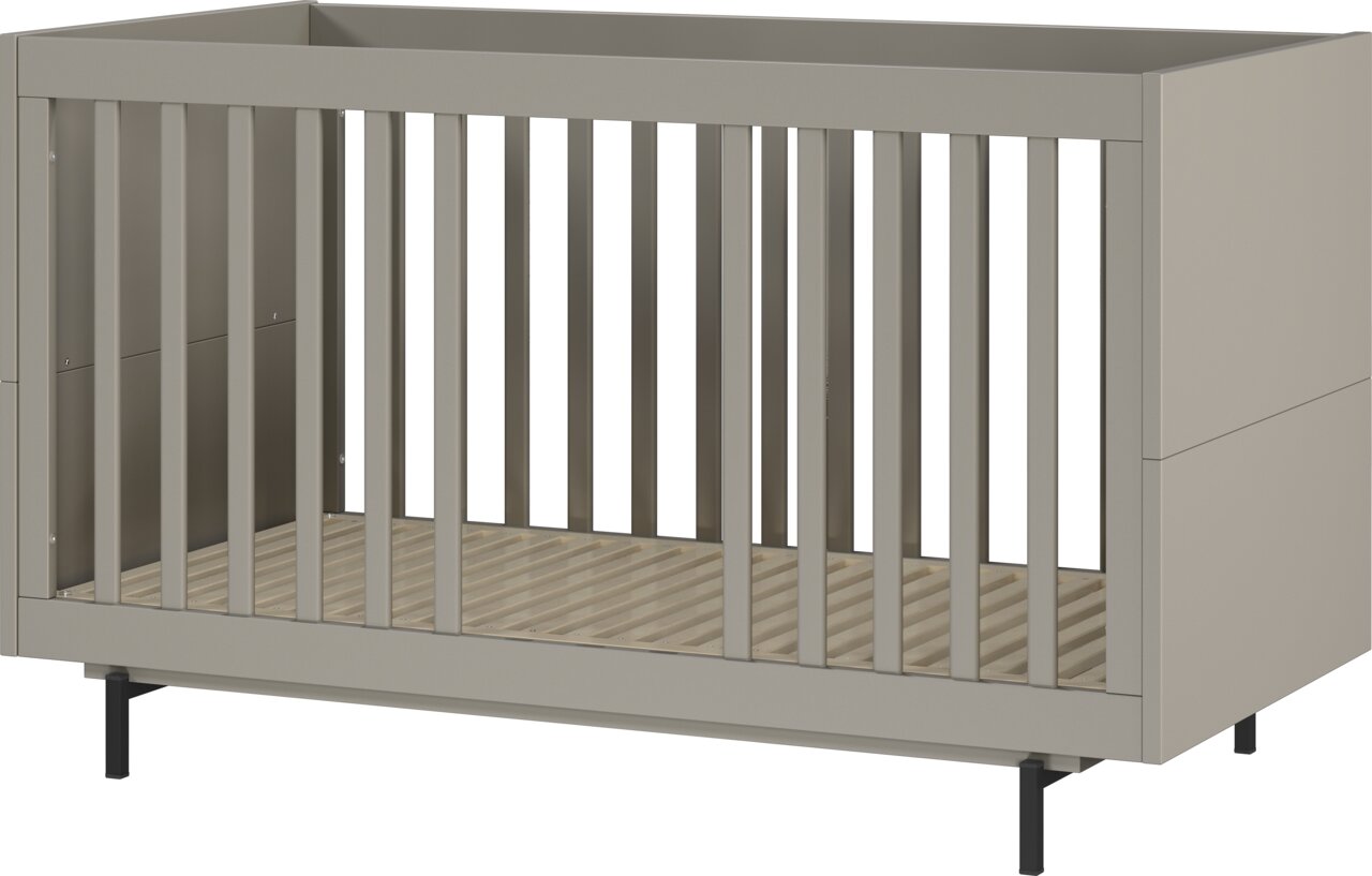Modernes Babybett in neutralem Grau mit Gitterstäben, seitliche Perspektive