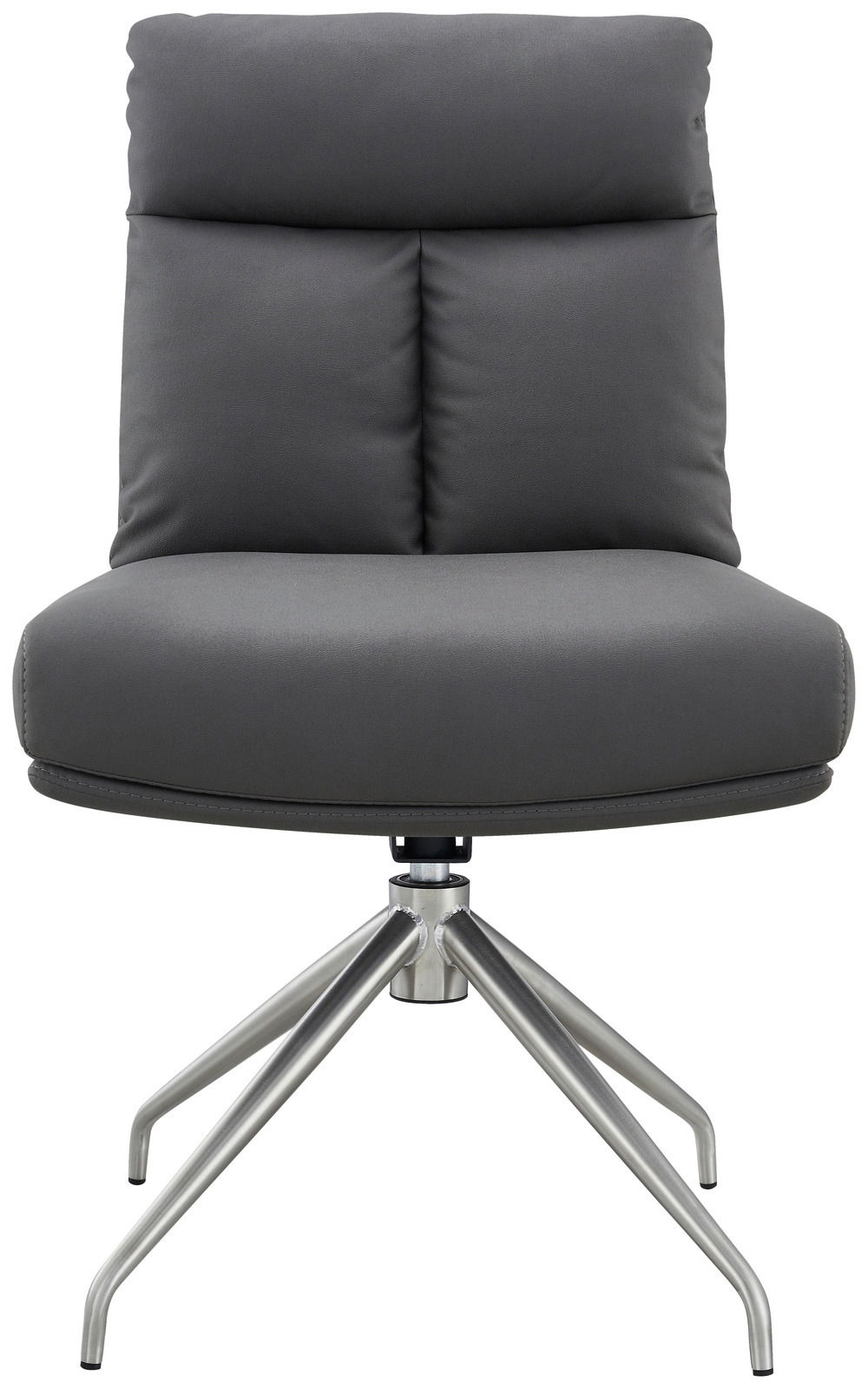 Moderner grauer Stuhl mit gepolsterter Rückenlehne und Metallbeinen, Frontalansicht