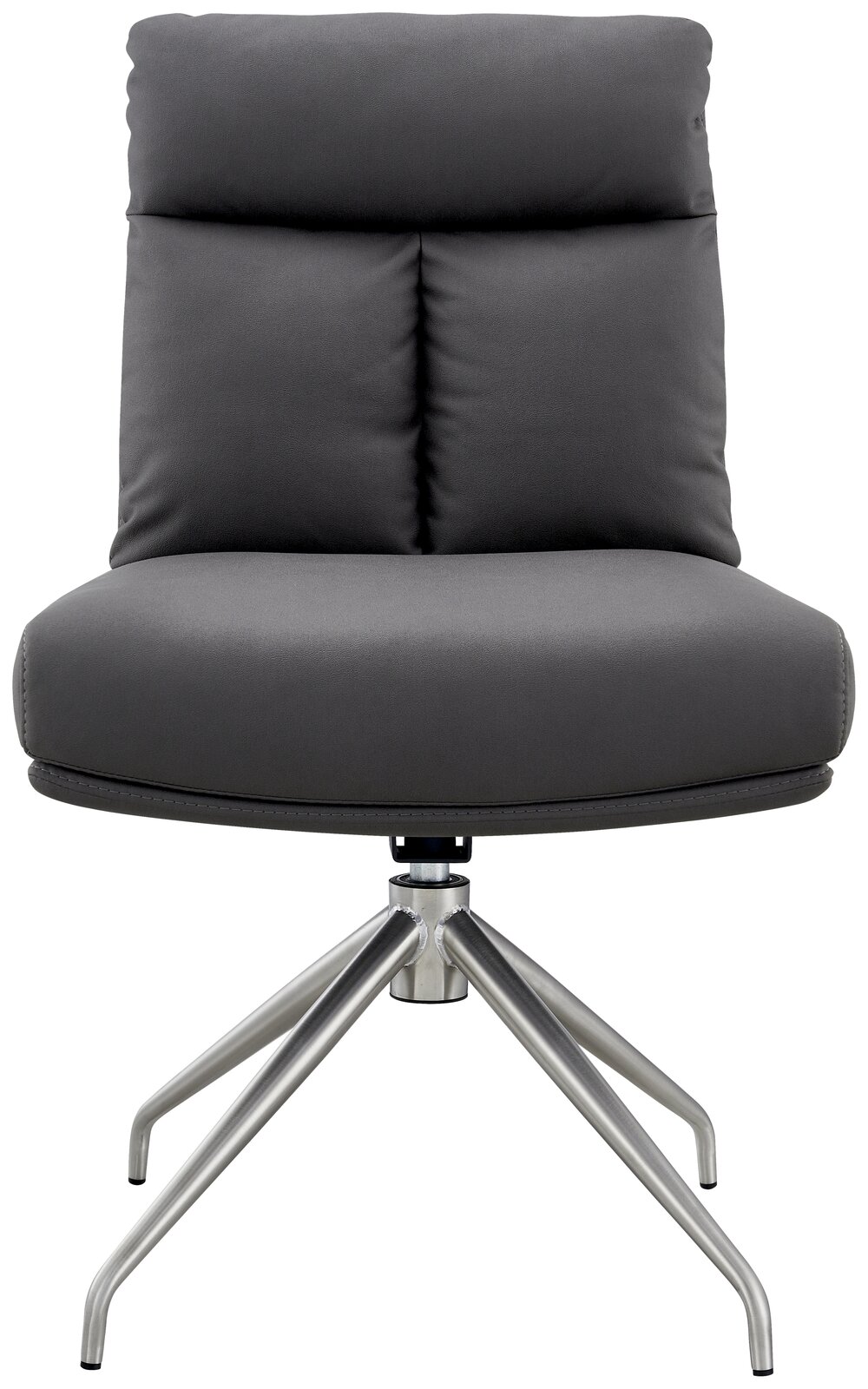 Moderner grauer Stuhl mit gepolsterter Rückenlehne und Metallbeinen, Frontalansicht