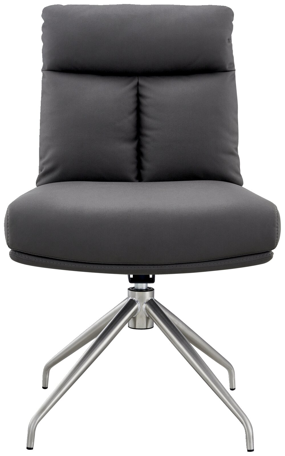 Moderner grauer Stuhl mit gepolsterter Rückenlehne und Metallbeinen, Frontalansicht