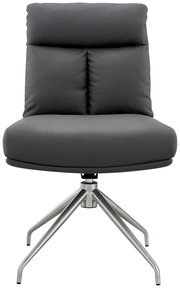 Moderner grauer Stuhl mit gepolsterter Rückenlehne und Metallbeinen, Frontalansicht