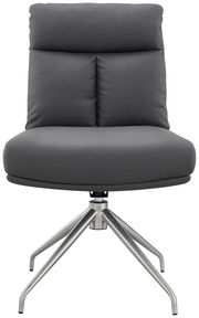 Moderner grauer Stuhl mit gepolsterter Rückenlehne und Metallbeinen, Frontalansicht