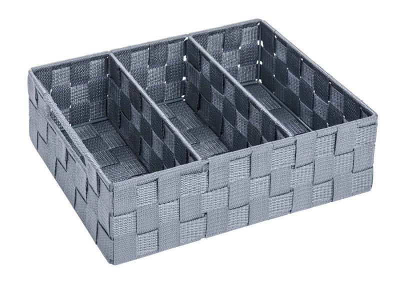 Grauer Badorganizer Adria mit Griff, aus geflochtenem Material, mit drei Fächern, perspektivische Ansicht von oben.