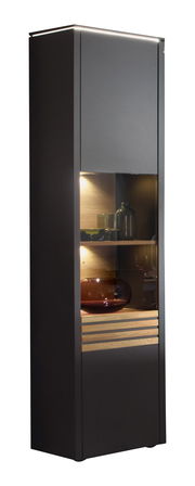 Moderne Vitrine von Venjakob aus der Serie GAME, in dunklem Design mit Glaseinsatz und Beleuchtung, seitliche Perspektive.