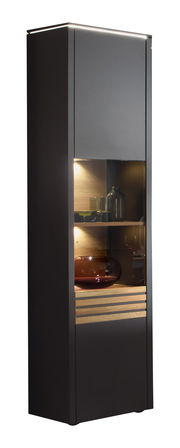 Moderne Vitrine von Venjakob aus der Serie GAME, in dunklem Design mit Glaseinsatz und Beleuchtung, seitliche Perspektive.