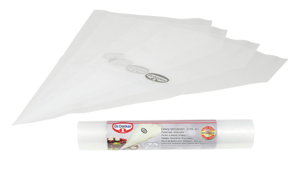 Einweg-Spritzbeutel von Dr. Oetker, 30 Stück, in einer Rolle verpackt, aus seitlicher Perspektive fotografiert.