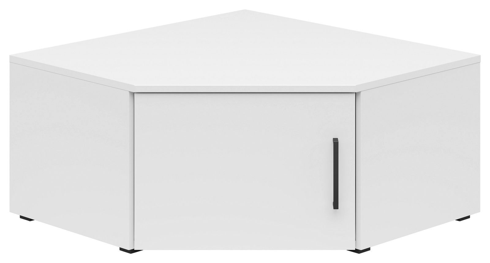 Weißer Eckaufsatzschrank mit schwarzem Griff, frontale Perspektive