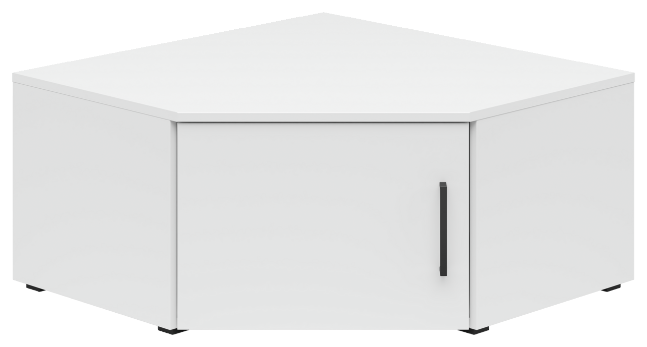 Weißer Eckaufsatzschrank mit schwarzem Griff, frontale Perspektive