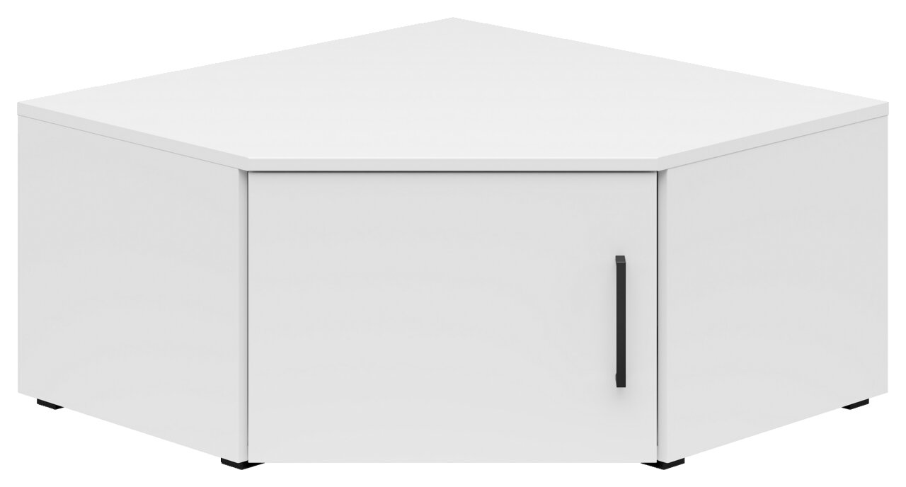 Weißer Eckaufsatzschrank mit schwarzem Griff, frontale Perspektive