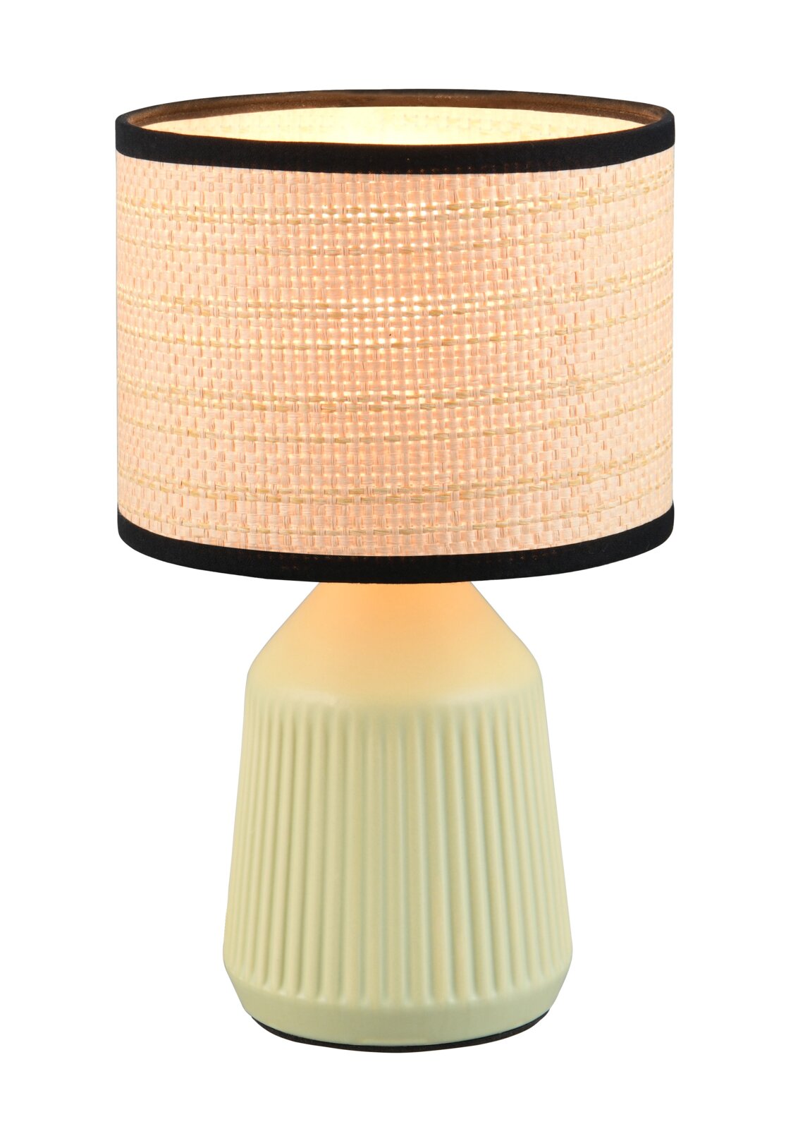Beige Tischlampe mit zylindrischem, gewebtem Stoffschirm mit schwarzer Kante und geriffeltem Lampenfuß, frontal in leichter Aufsicht auf weißem Hintergrund