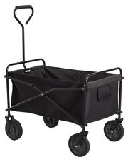 Schwarzer faltbarer Bollerwagen mit vier Rädern und einem Griff, seitliche Perspektive