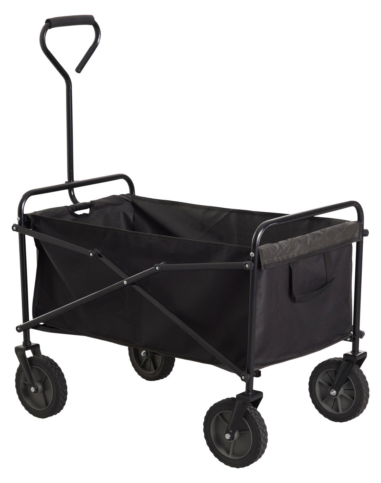 Schwarzer faltbarer Bollerwagen mit vier Rädern und einem Griff, seitliche Perspektive