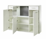 Weißes Highboard mit offenen Türen und Schubladen, Frontansicht