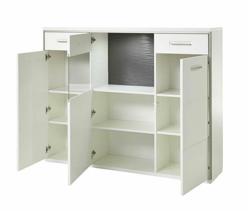 Weißes Highboard mit offenen Türen und Schubladen, Frontansicht