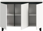 Weißes Sideboard mit zwei geöffneten Türen, das die Innenfächer zeigt. Frontale Perspektive.