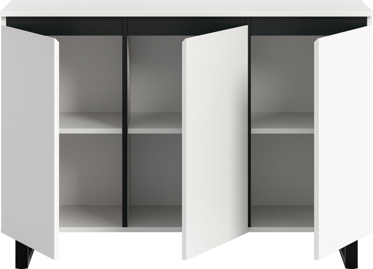Weißes Sideboard mit zwei geöffneten Türen, das die Innenfächer zeigt. Frontale Perspektive.