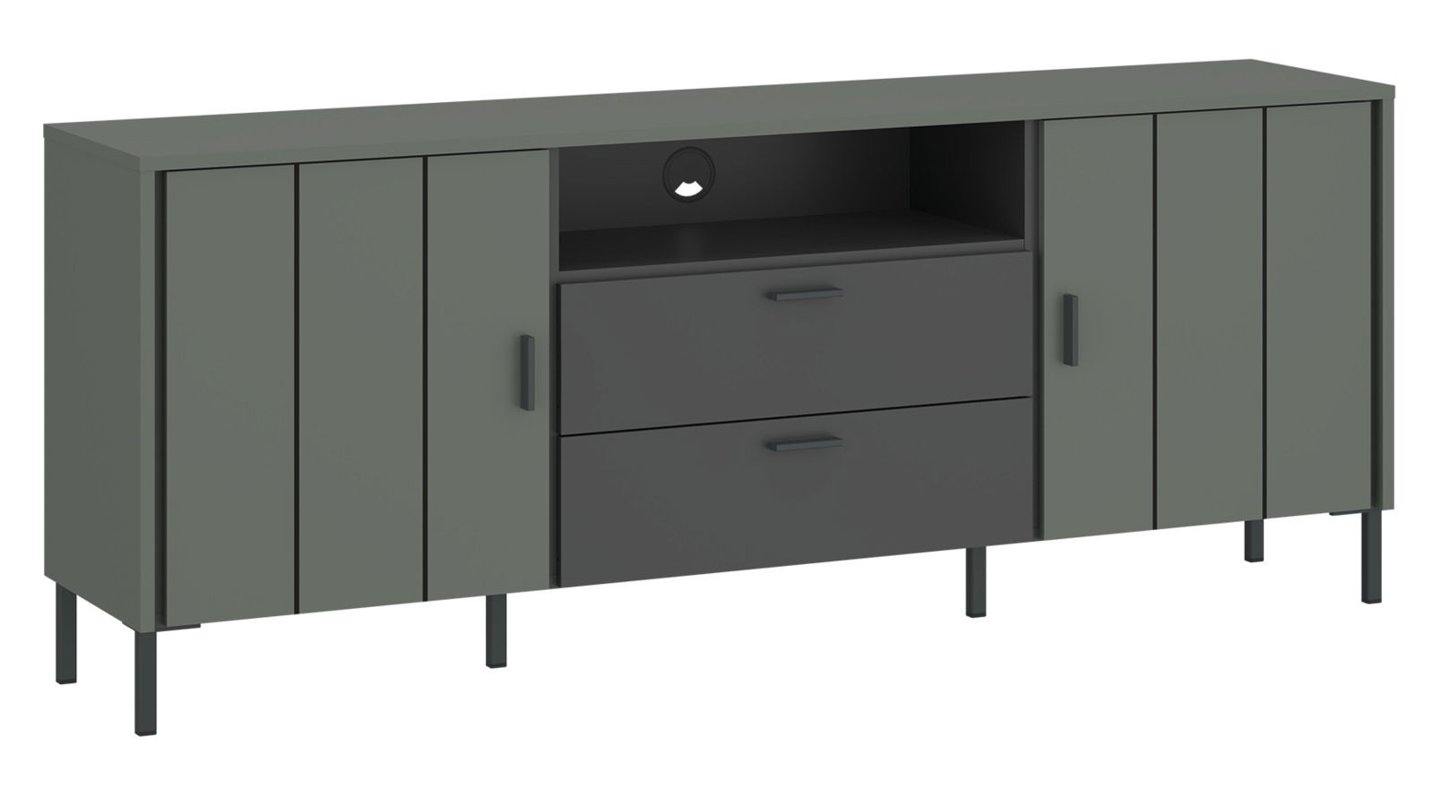 Frontansicht des Z2 TV-Lowboards SHIRLEY in modernem Design mit zwei Schubladen und offenen Fächern in dunklen Farbtönen.