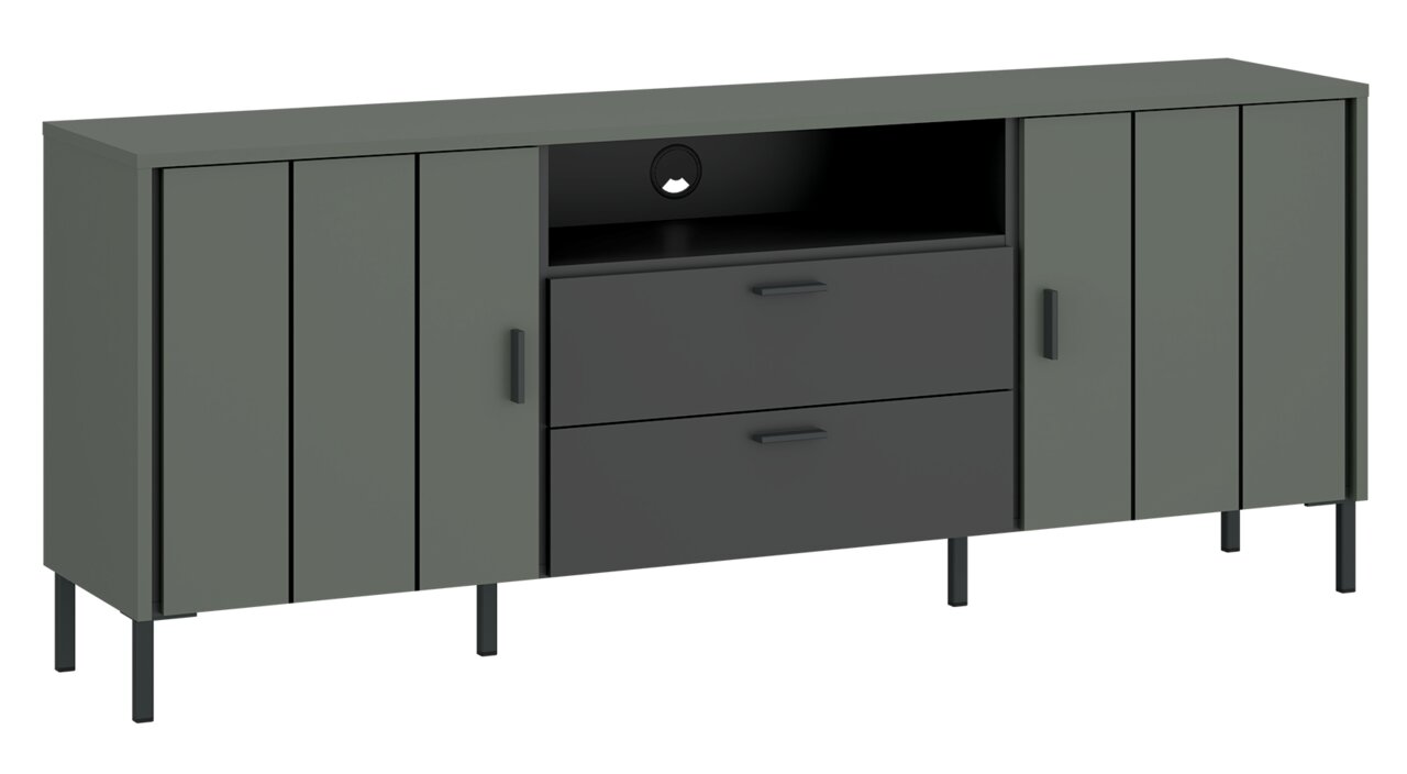 Frontansicht des Z2 TV-Lowboards SHIRLEY in modernem Design mit zwei Schubladen und offenen Fächern in dunklen Farbtönen.