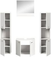 Frontale Ansicht der Badkombination BOSTON mit zwei hohen weißen Schränken, einem Waschbeckenunterschrank und einem Spiegel.