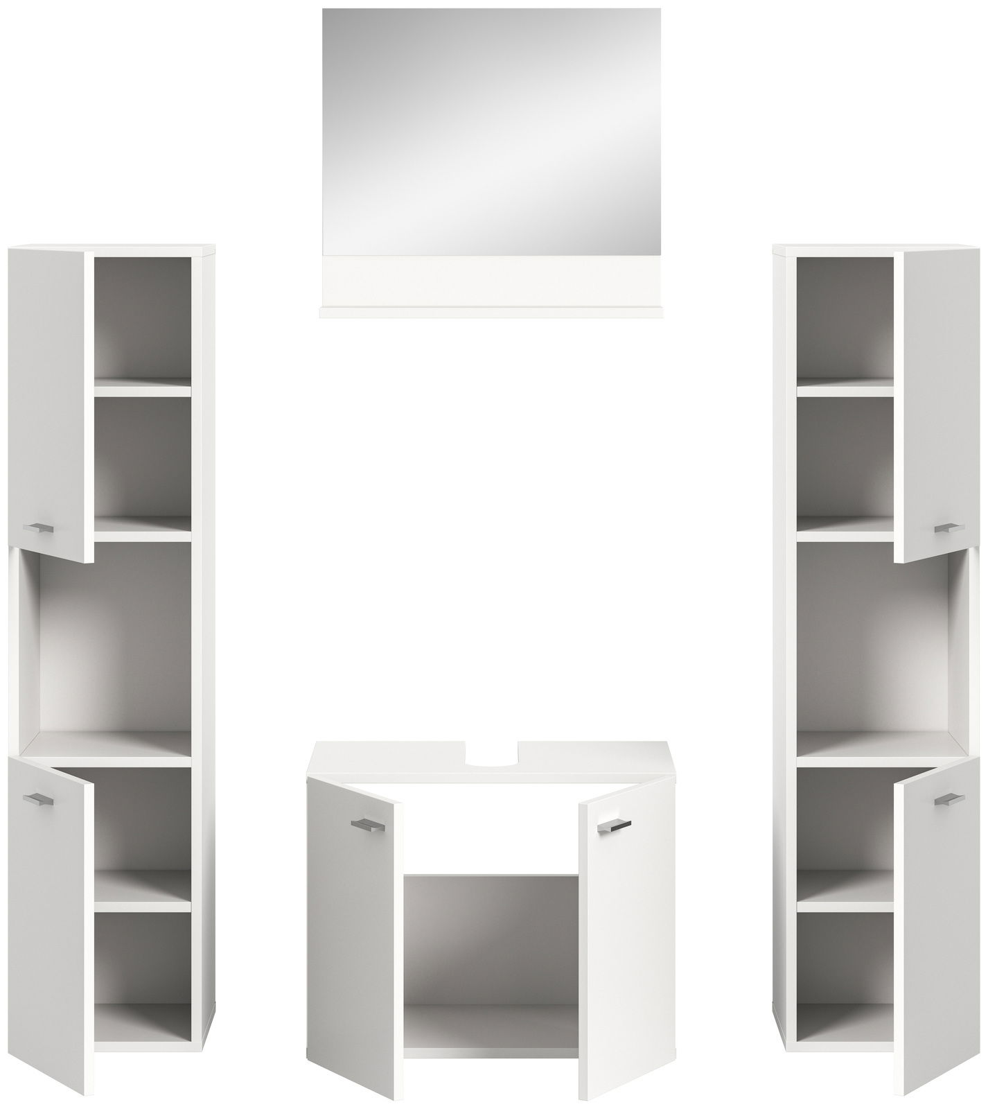 Frontale Ansicht der Badkombination BOSTON mit zwei hohen weißen Schränken, einem Waschbeckenunterschrank und einem Spiegel.