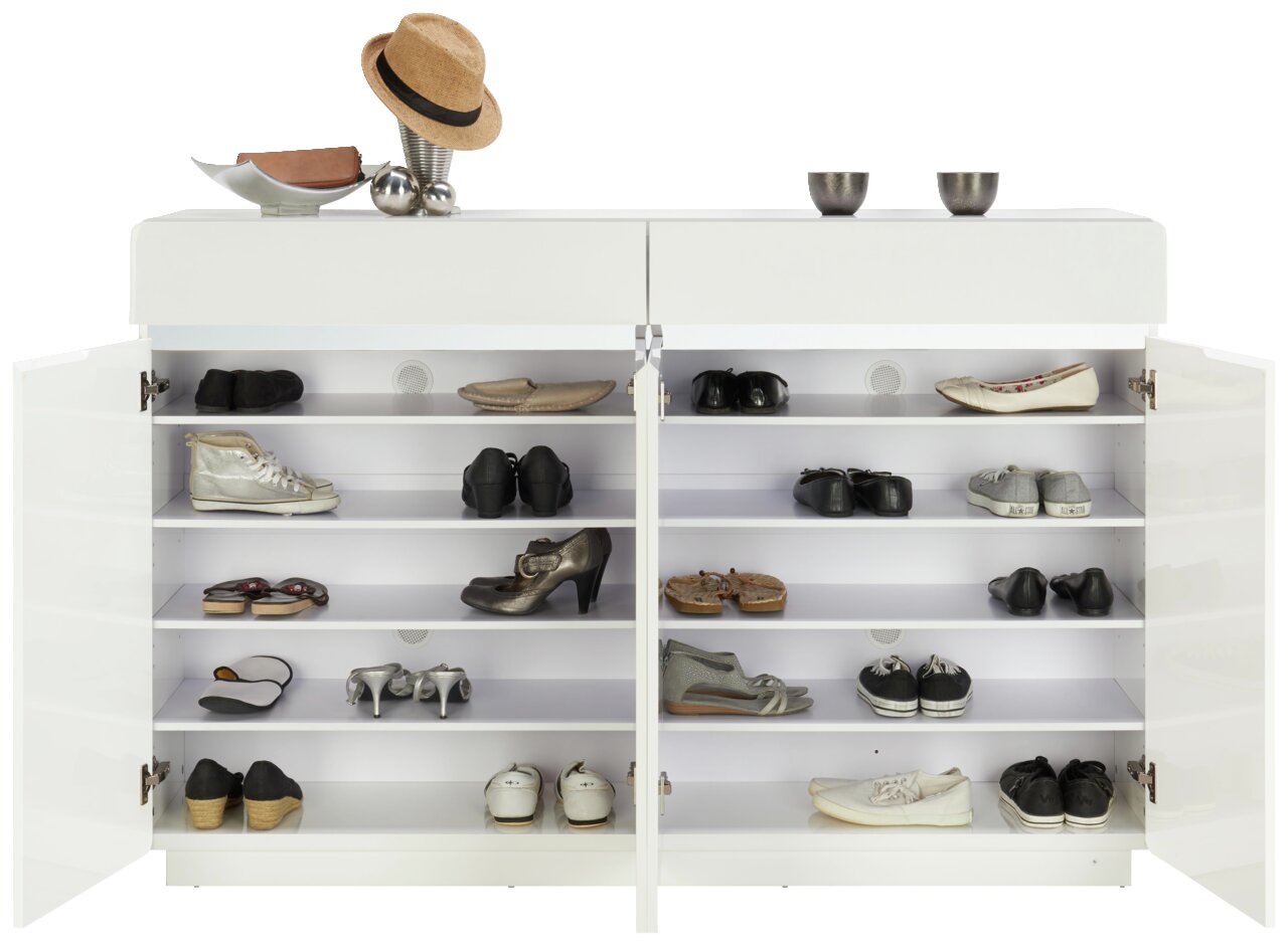 Weißer XL-Schuhschrank mit offenen Türen, gefüllt mit verschiedenen Schuhen, von vorne betrachtet.