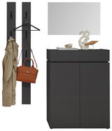 Garderoben-Set in Graphit mit zwei Wandpaneelen, einem Spiegel und einem Schrank, frontal betrachtet.