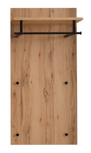 Garderobenpaneel aus Holz mit schwarzer Kleiderstange und Ablage, Frontalansicht