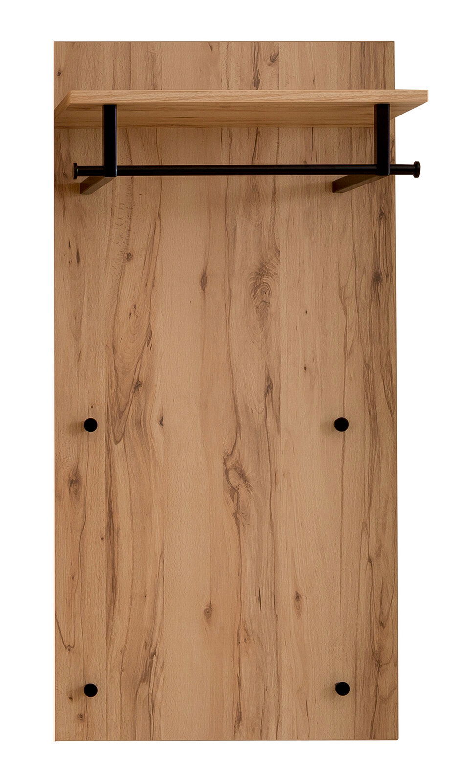 Garderobenpaneel aus Holz mit schwarzer Kleiderstange und Ablage, Frontalansicht