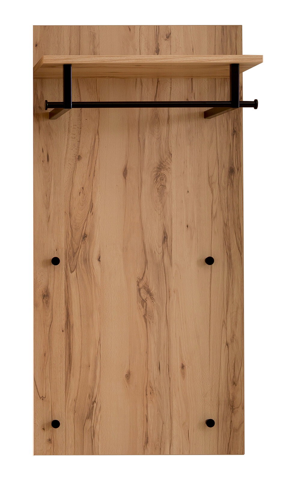 Garderobenpaneel aus Holz mit schwarzer Kleiderstange und Ablage, Frontalansicht