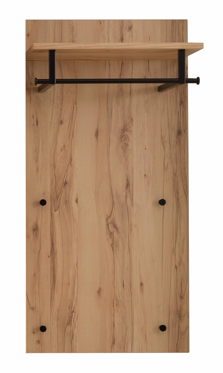 Garderobenpaneel aus Holz mit schwarzer Kleiderstange und Ablage, Frontalansicht