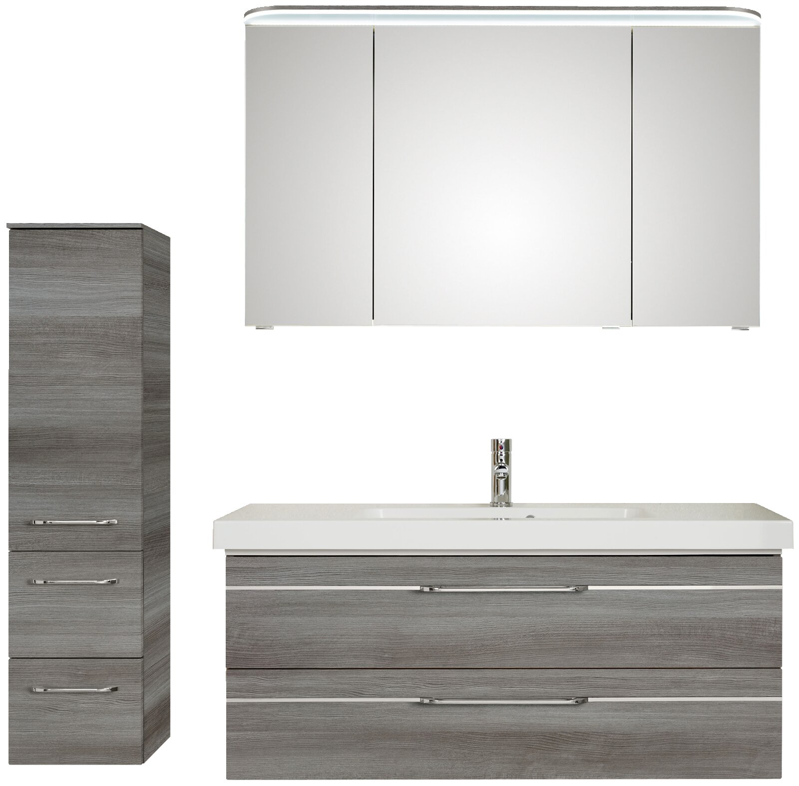 Pelipal Badblock BALTO SPRINT Moderner Badblock mit Spiegelschrank, Waschbeckenunterschrank und hohem Seitenschrank in Holzoptik, Frontalansicht.