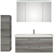 Modern badkamermeubel met spiegelkast, wastafelonderkast en hoge zijkast in houtlook, vooraanzicht.