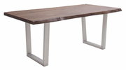 Moderne eettafel met rechthoekig houten blad en metalen poten, zijaanzicht