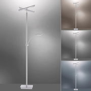 Moderne LED-Stehleuchte mit schlankem Design und verstellbarem Lesearm, frontal abgebildet.