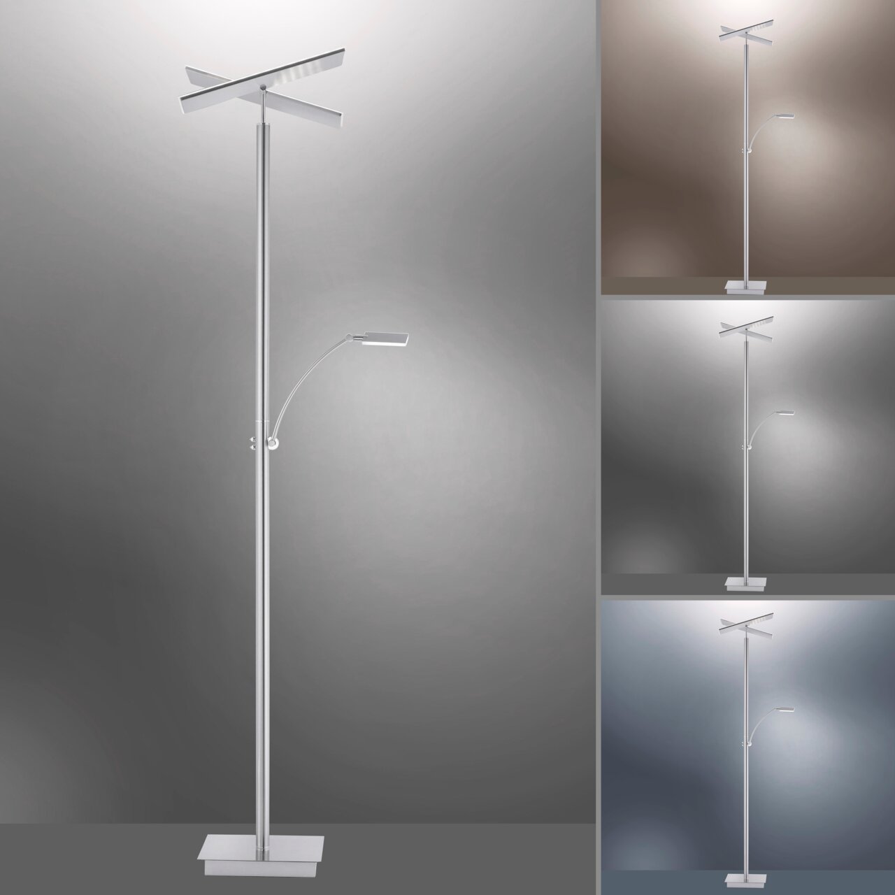 Moderne LED-Stehleuchte mit schlankem Design und verstellbarem Lesearm, frontal abgebildet.