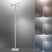 Moderne LED-Stehleuchte mit schlankem Design und verstellbarem Lesearm, frontal abgebildet.