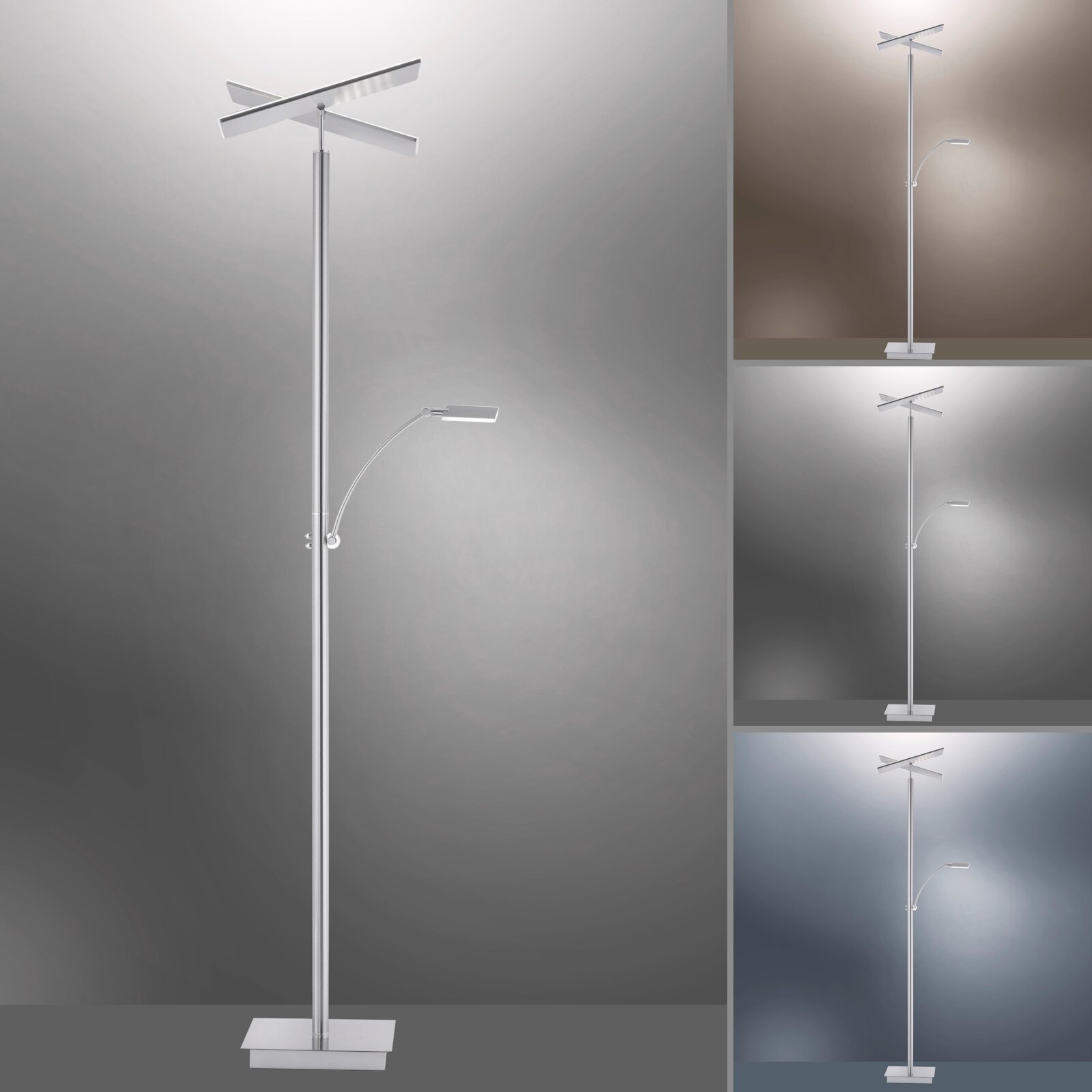 Moderne LED-Stehleuchte mit schlankem Design und verstellbarem Lesearm, frontal abgebildet.