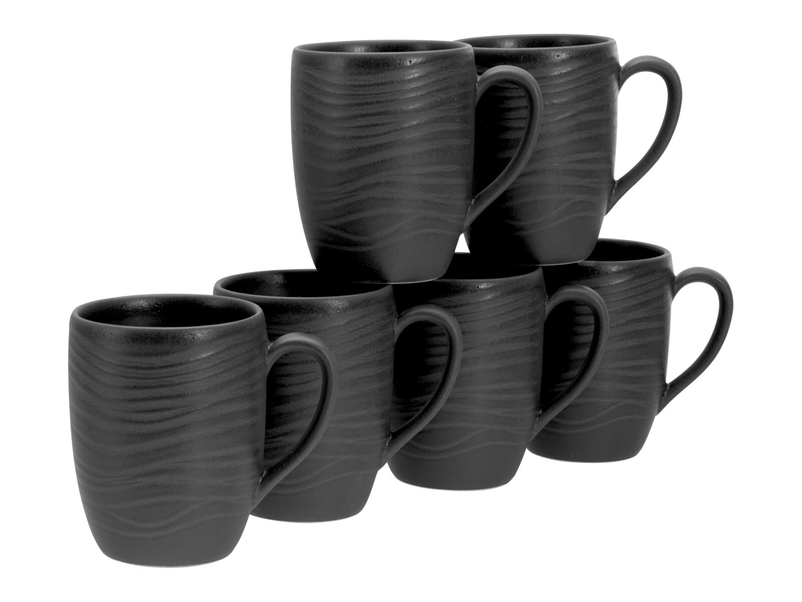 Creatable Kaffeebecher 6-tlg LAVA STONE Sechser-Set schwarzer Keramik-Kaffeebecher mit dezent welliger Struktur, schräg von vorne in leicht erhöhter Perspektive fotografiert