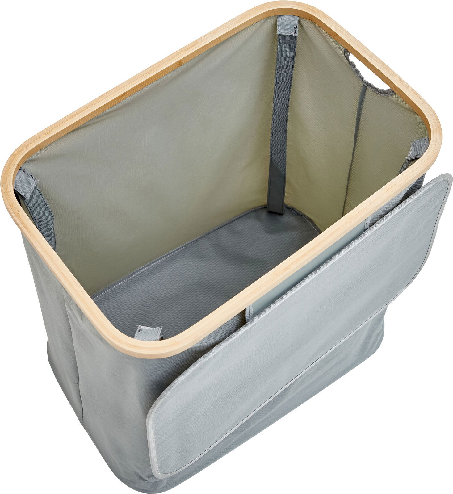Grauer Stoff-Aufbewahrungskorb mit hellem Holzrahmen und aufgeklappter Frontklappe, Innenansicht aus schräger Draufsicht