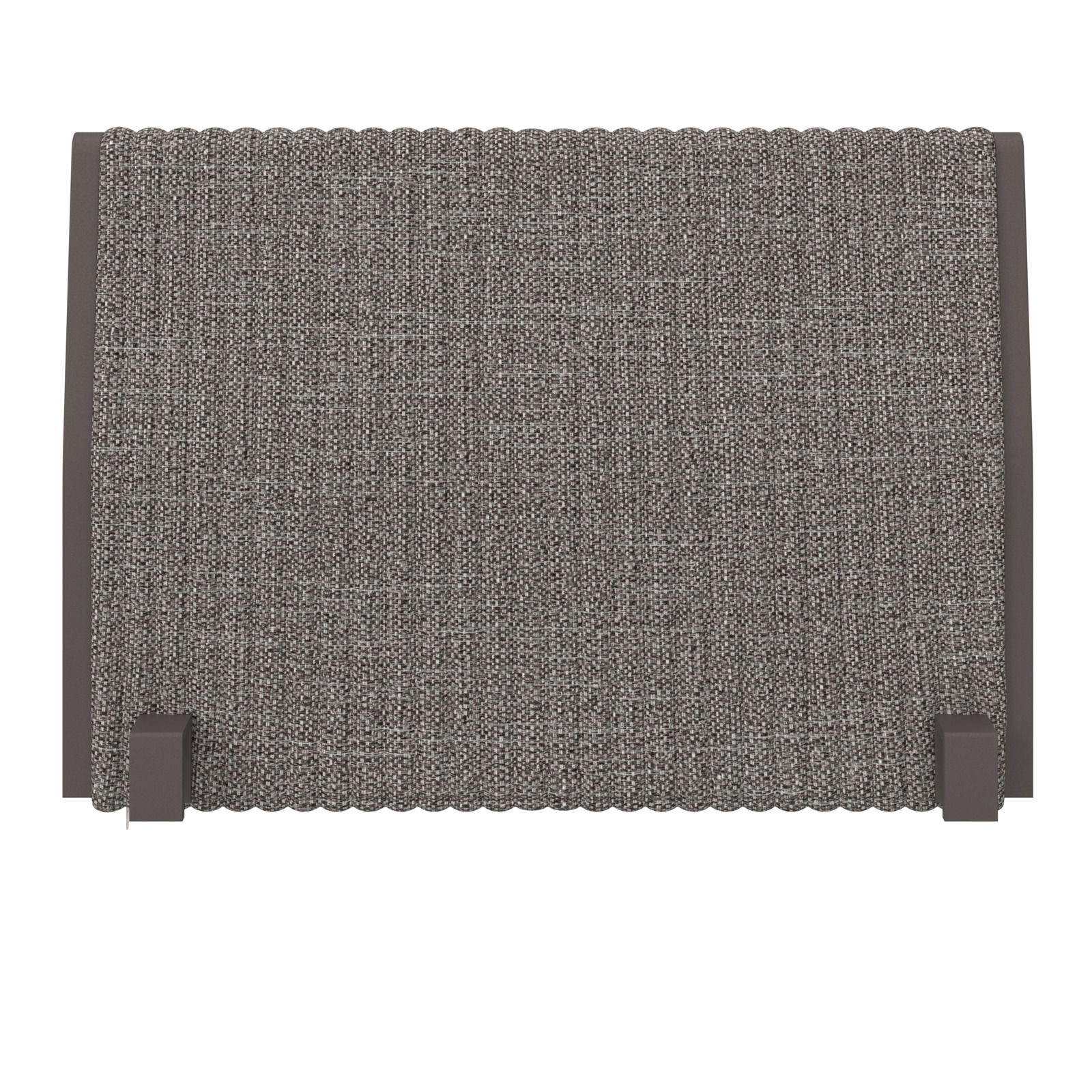 Graue Armlehne aus Stoff, von oben betrachtet, mit zwei Befestigungselementen an den Seiten.