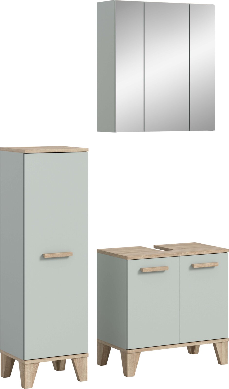 Badezimmermöbel-Set in Mintgrün mit Holzoptik: Spiegelschrank (Frontansicht), Hochschrank und Waschtischunterschrank mit Holzgriffen und Füßen, in leicht schräger Perspektive freigestellt