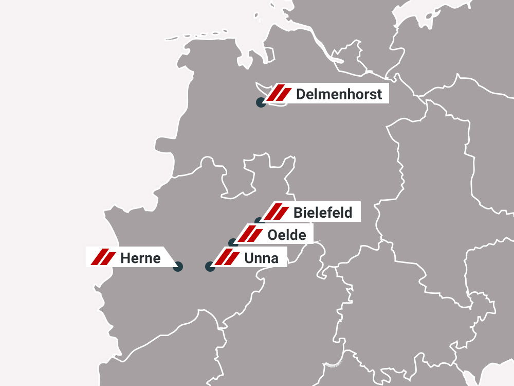 Eine Karte mit markierten Städten in Deutschland: Delmenhorst, Herne, Bielefeld, Oelde und Unna.