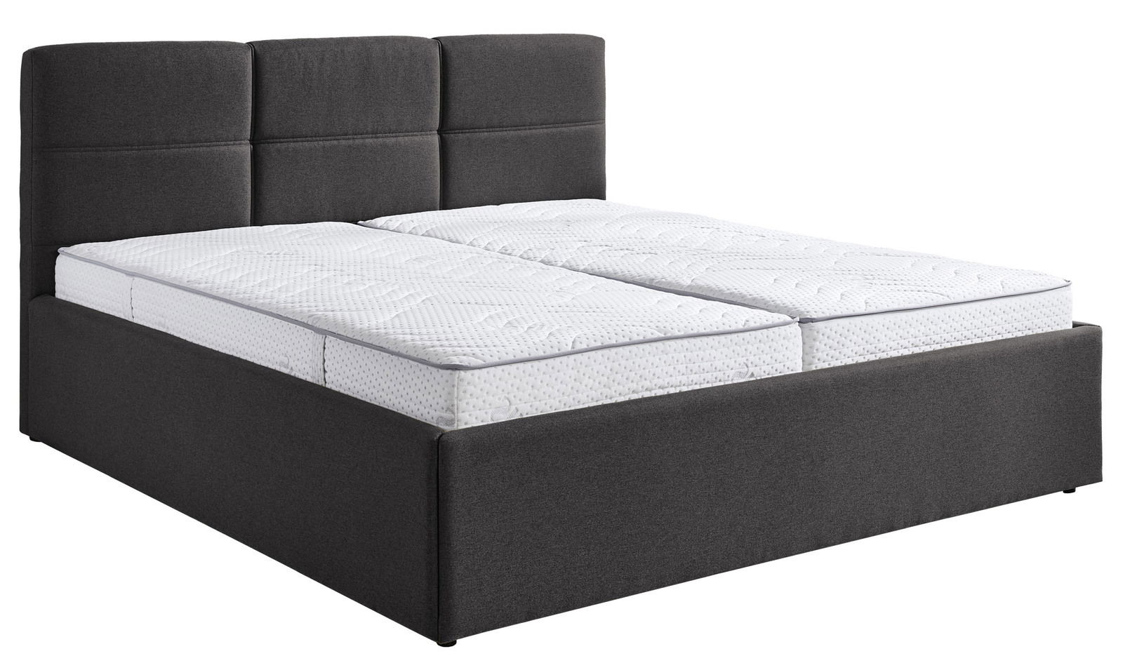 Polsterbett 180x200 in dunklem Stoff mit hohem Kopfteil, seitliche Perspektive