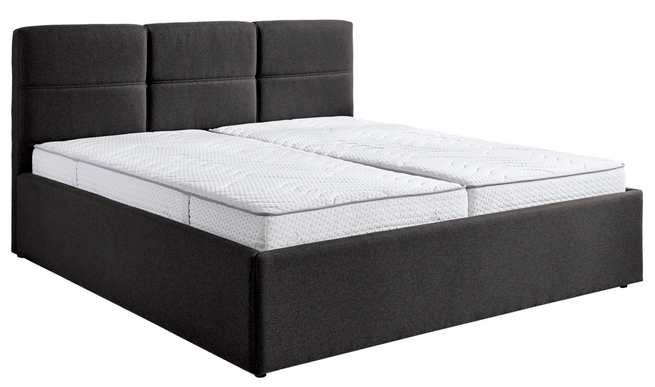 Polsterbett 180x200 in dunklem Stoff mit hohem Kopfteil, seitliche Perspektive