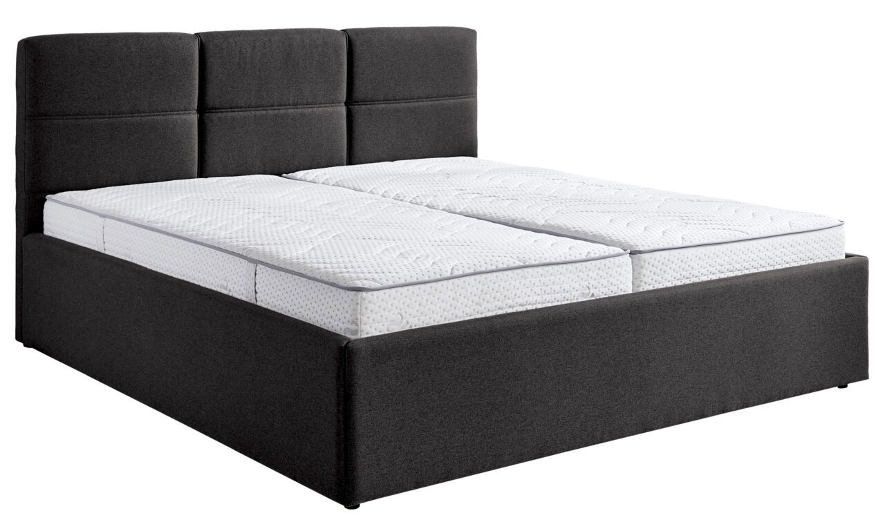 Polsterbett 180x200 in dunklem Stoff mit hohem Kopfteil, seitliche Perspektive
