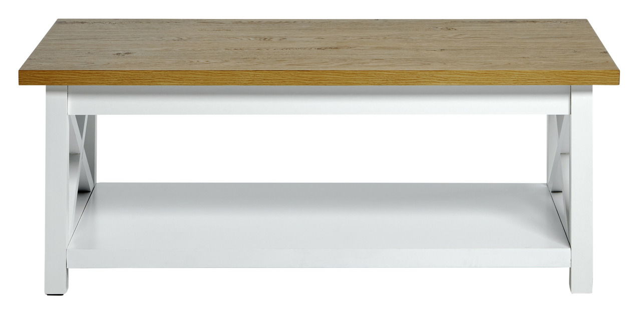 Moderner Couchtisch mit Holzplatte und weißem Gestell, Frontalansicht