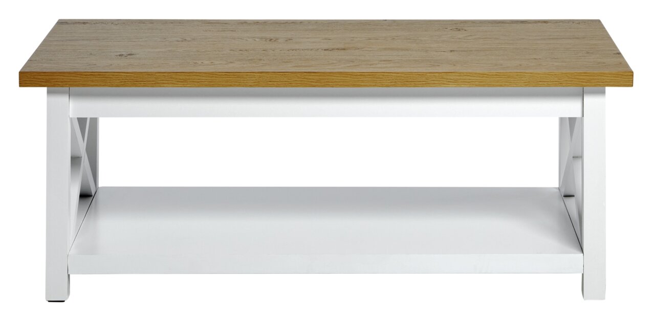 Moderner Couchtisch mit Holzplatte und weißem Gestell, Frontalansicht