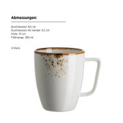 Weiße Keramik-Kaffeetasse mit braun gesprenkeltem Rand und Henkel (Füllmenge 360 ml), freigestellt auf weißem Hintergrund, seitliche Produktansicht leicht von oben