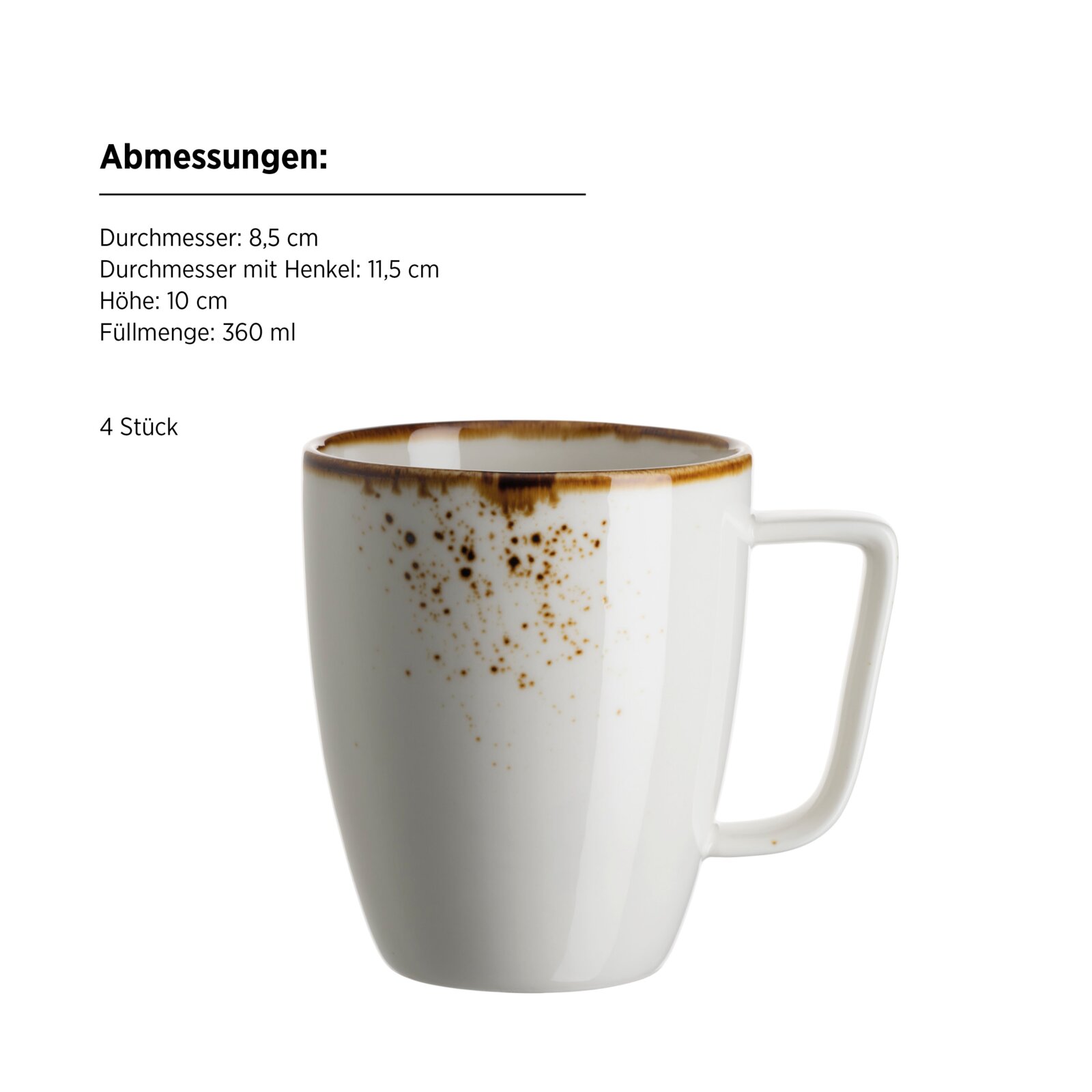 Weiße Keramik-Kaffeetasse mit braun gesprenkeltem Rand und Henkel (Füllmenge 360 ml), freigestellt auf weißem Hintergrund, seitliche Produktansicht leicht von oben